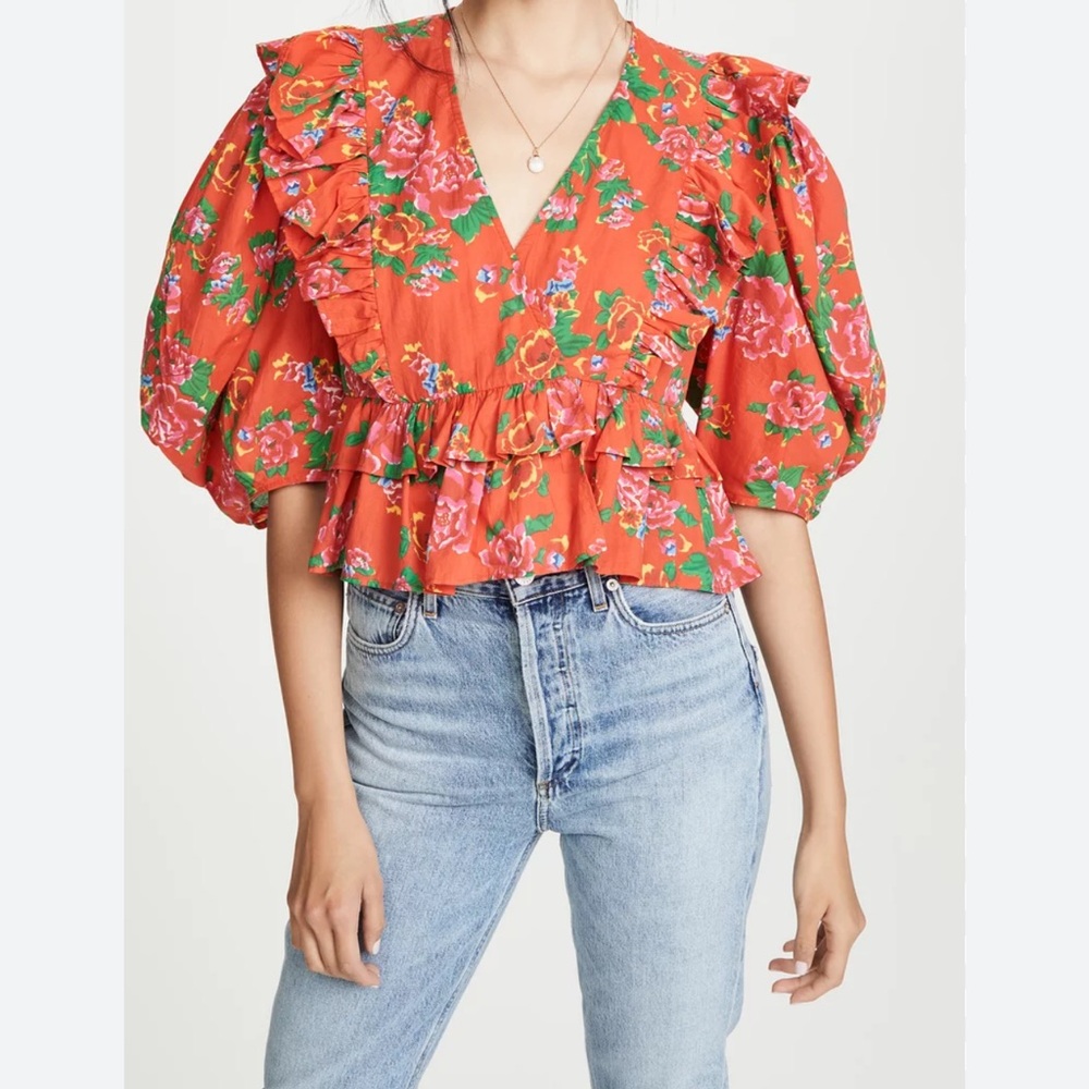 RHODE Floral Puff Sleeve Ruffled Blouse